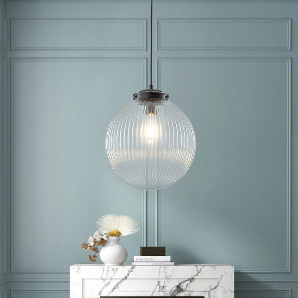 Chandelierias - Contemporary 1 - Light Ribbed Globe Glass Kitchen Pendant - Pendants - Nickel -