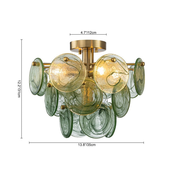 Chandelierias-Dark Green 4-Light Stire Glass Tiered Semi-Flush Mount-Semi Flush-Brass-