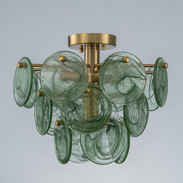 Chandelierias-Dark Green 4-Light Stire Glass Tiered Semi-Flush Mount-Semi Flush-Brass-