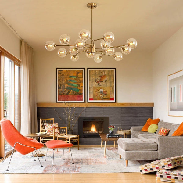 Chandelierias - Eclectic Modern 15 - Light Amber Glass Vortex Branch Chandelier - Chandeliers - Brass -