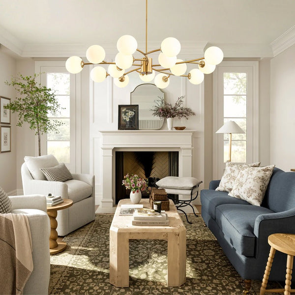 Chandelierias - Eclectic Modern 15 - Light Frosted White Glass Vortex Branch Chandelier - Chandeliers - Brass -