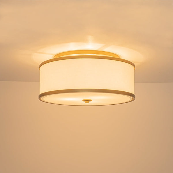 Chandelierias-Fabric Round Drum 3-Light Brass Semi-flush Mount Glass Diffuser-Semi Flush-Brass-
