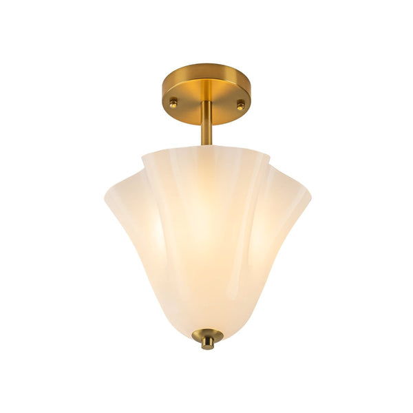 Chandelierias-Floral Fluted Brass 2-Light Milk Glass Semi-Flush Mount-Semi Flush-Brass-1-Pack