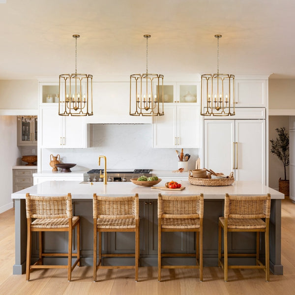 Chandelierias-French Vintage 4-Light Cylinder Framed Lantern Pendant-Chandeliers-Antique Gold-