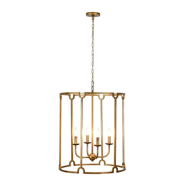 Chandelierias-French Vintage 4-Light Cylinder Framed Lantern Pendant-Chandeliers-Antique Gold-