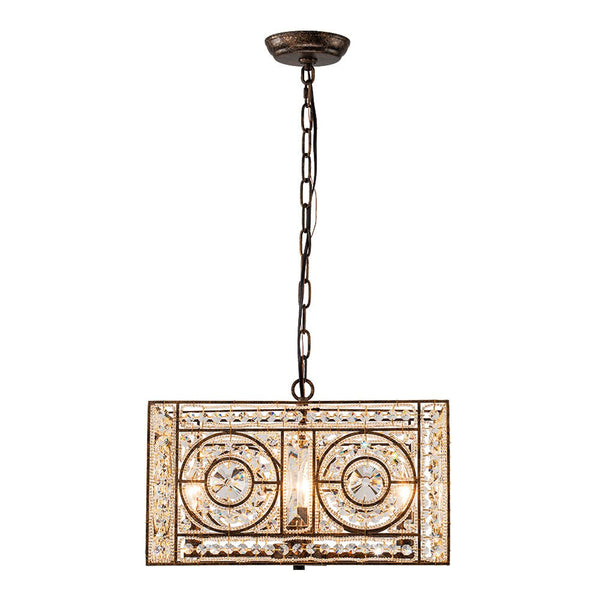 Chandelierias - French Vintage Mottled Bronze Square 4 - Light Crystal Pendant Chandelier - Chandelier - Dark Bronze -
