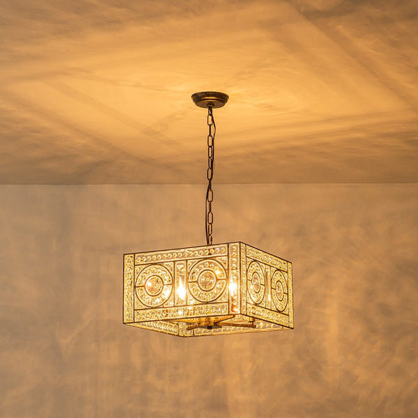 Chandelierias - French Vintage Mottled Bronze Square 4 - Light Crystal Pendant Chandelier - Chandelier - Dark Bronze -