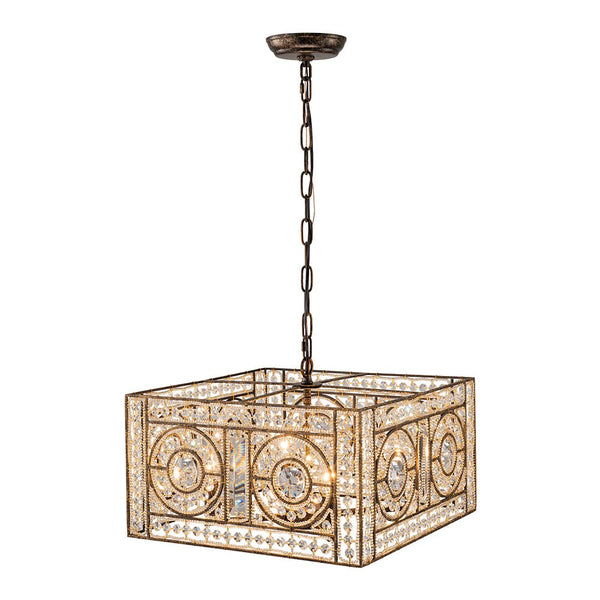 Chandelierias - French Vintage Mottled Bronze Square 4 - Light Crystal Pendant Chandelier - Chandelier - Dark Bronze -