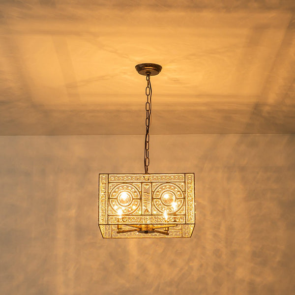 Chandelierias - French Vintage Mottled Bronze Square 4 - Light Crystal Pendant Chandelier - Chandelier - Dark Bronze -