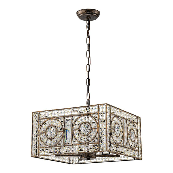 Chandelierias - French Vintage Mottled Bronze Square 4 - Light Crystal Pendant Chandelier - Chandelier - Dark Bronze -
