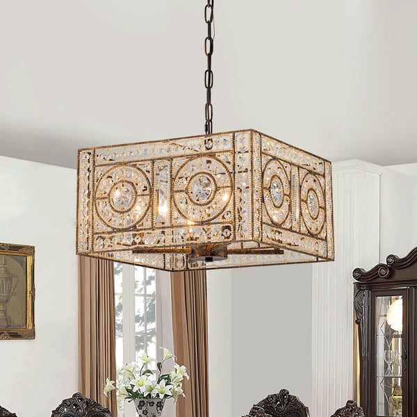 Chandelierias - French Vintage Mottled Bronze Square 4 - Light Crystal Pendant Chandelier - Chandelier - Dark Bronze -