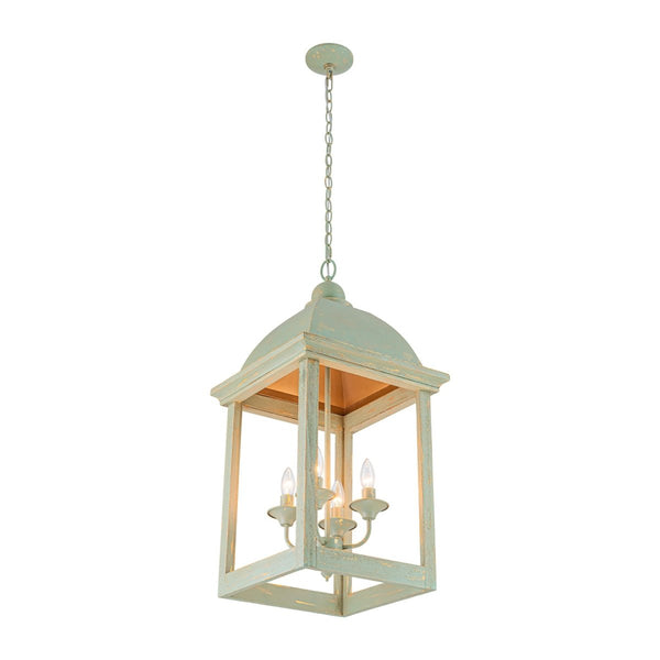 Chandelierias-Georgian Sage Green 4-Light Distressed Wood Cupola Lantern Pendant-Chandeliers-Distressed Sage-