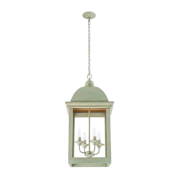Chandelierias-Georgian Sage Green 4-Light Distressed Wood Cupola Lantern Pendant-Chandeliers-Distressed Sage-