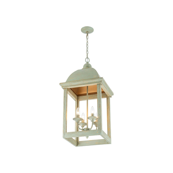 Chandelierias-Georgian Sage Green 4-Light Distressed Wood Cupola Lantern Pendant-Chandeliers-Distressed Sage-