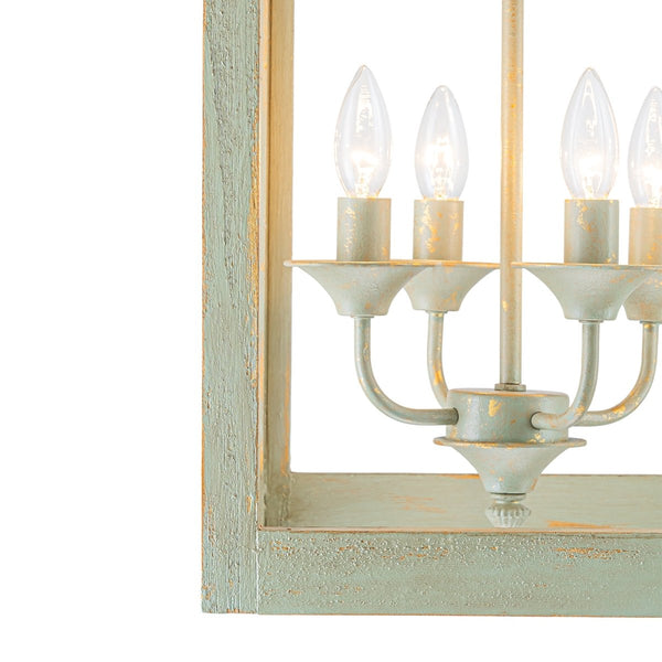 Chandelierias-Georgian Sage Green 4-Light Distressed Wood Cupola Lantern Pendant-Chandeliers-Distressed Sage-