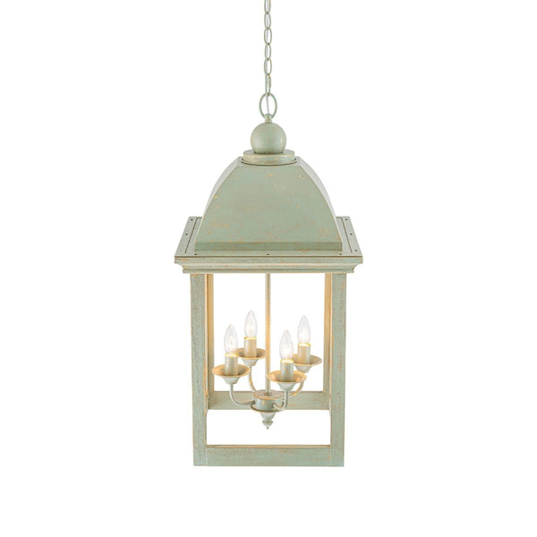 Chandelierias-Georgian Sage Green 4-Light Distressed Wood Cupola Lantern Pendant-Chandeliers-Distressed Sage-