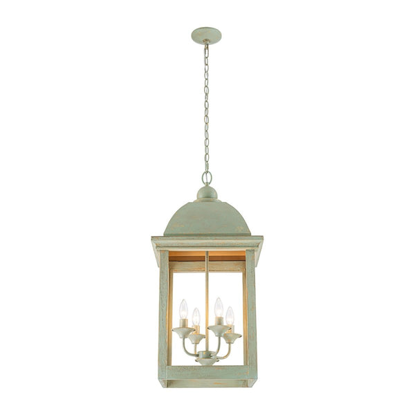 Chandelierias-Georgian Sage Green 4-Light Distressed Wood Cupola Lantern Pendant-Chandeliers-Distressed Sage-