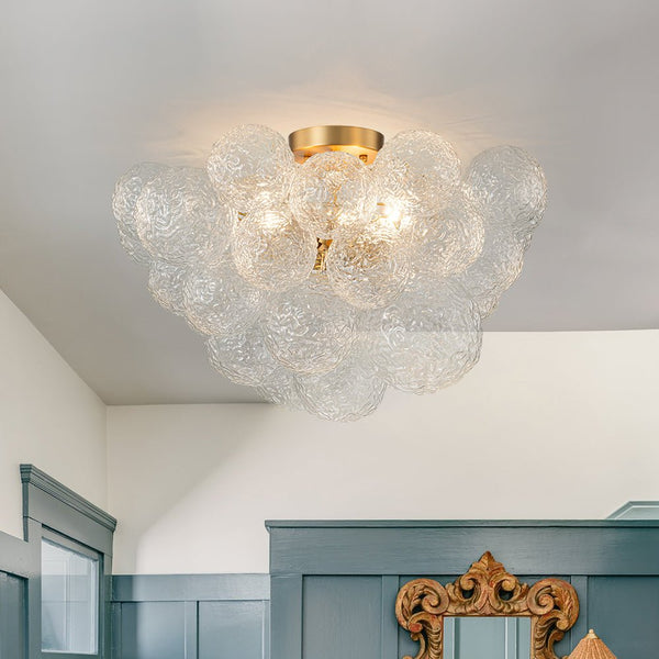 Chandelierias - Glam 3 - Light Water Patterned Glass Semi - Flush Bubble Chandelier - Chandelier - Brass -