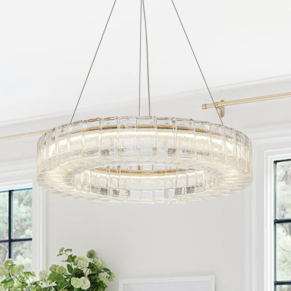 Chandelierias - Glam Handmade Dimmable LED Ice Glass Block Ring Chandelier - Chandelier - Brass -