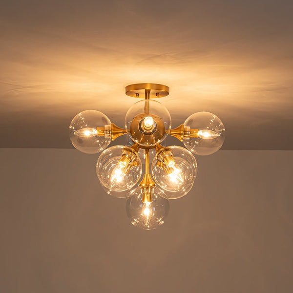 Chandelierias - Glam Mid - century 9 - Light Sunburst Clear Glass Bubble Semi - flush Mount - Semi Flush - Brass -