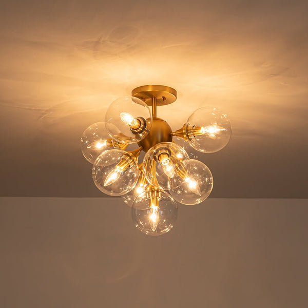 Chandelierias - Glam Mid - century 9 - Light Sunburst Clear Glass Bubble Semi - flush Mount - Semi Flush - Brass -