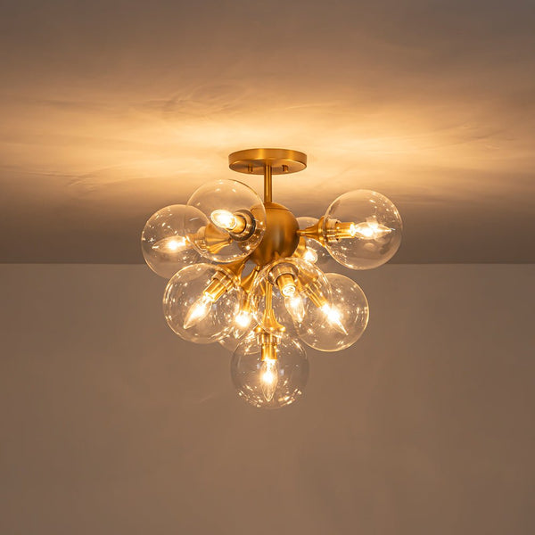 Chandelierias - Glam Mid - century 9 - Light Sunburst Clear Glass Bubble Semi - flush Mount - Semi Flush - Brass -