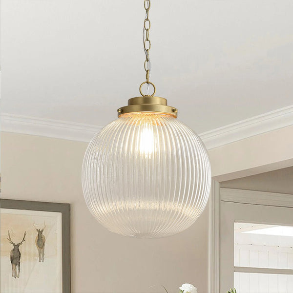 Chandelierias - Glam Single - Light Ribbed Glass Globe Pendant - Pendant - Brushed Brass -