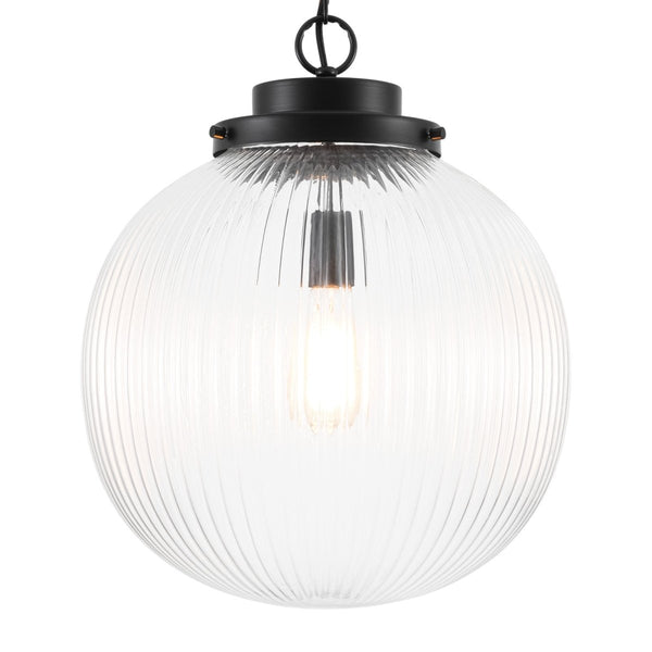 Chandelierias-Glam Single-Light Ribbed Glass Globe Pendant-Pendant-Matte Black-