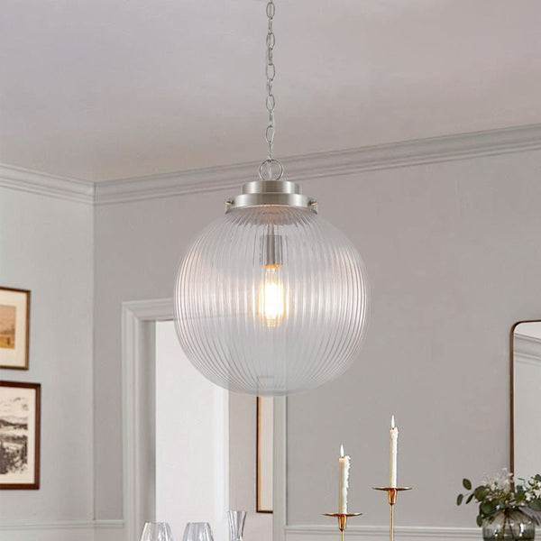 Chandelierias-Glam Single-Light Ribbed Glass Globe Pendant-Pendant-Polished Nickel-