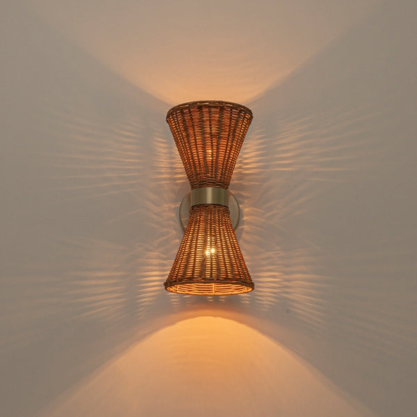 Chandelierias-Global-style 2-Light Rattan Hourglass Wall Sconce-Wall Light-Brass-2-Pack