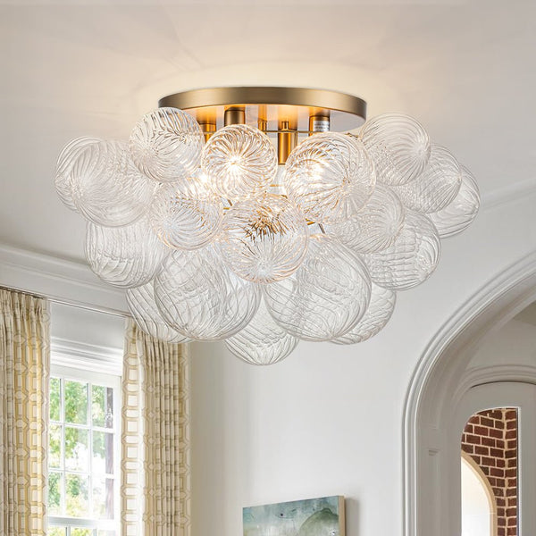 Chandelierias - Gorgeous 4 - Light Clear Textured Glass Bubble Semi - Flush Chandelier - Semi Flush - Swirled Glass -