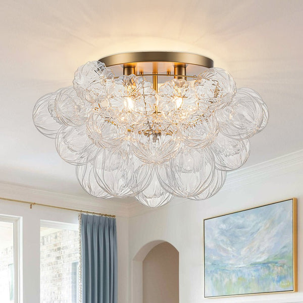 Chandelierias - Gorgeous 4 - Light Clear Textured Glass Bubble Semi - Flush Chandelier - Semi Flush - Wavy - petal Glass -