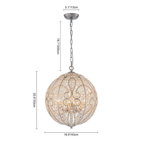 Chandelierias - Gorgeous Rusty Silver Sparkling Crystal Globe Pendant - Pendant - 4 Bulbs -