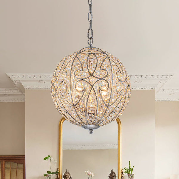 Chandelierias - Gorgeous Rusty Silver Sparkling Crystal Globe Pendant - Pendant - 4 Bulbs -