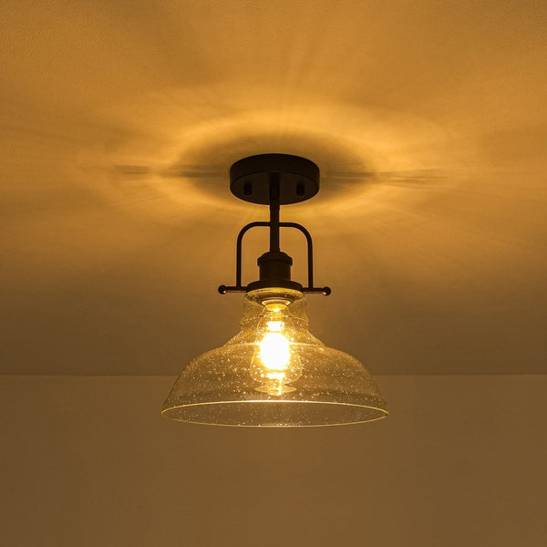 Chandelierias-Industrial 1-Light Clear Seeded Glass Framed Bell Pendant-Pendants-Black-