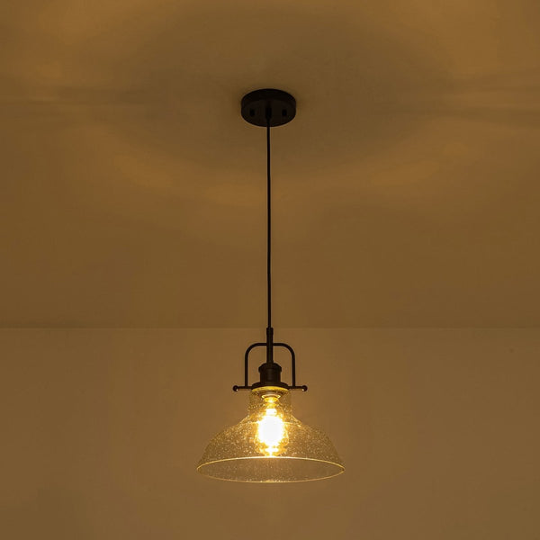 Chandelierias-Industrial 1-Light Clear Seeded Glass Framed Bell Pendant-Pendants-Black-
