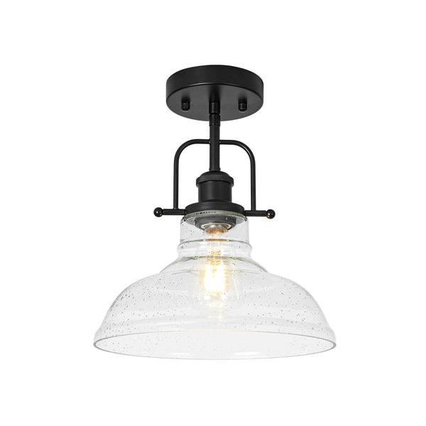 Chandelierias-Industrial 1-Light Clear Seeded Glass Framed Bell Pendant-Pendants-Black-