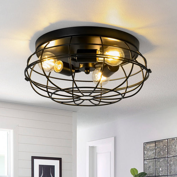 Chandelierias - Industrial 3 - Light Matte Black Metal Cage Flush Mount - Semi Flush - Black -