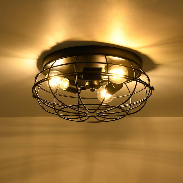 Chandelierias - Industrial 3 - Light Matte Black Metal Cage Flush Mount - Semi Flush - Black -
