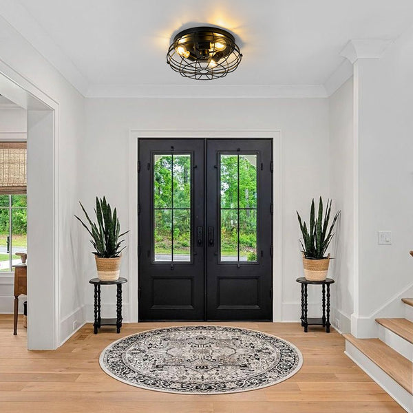 Chandelierias - Industrial 3 - Light Matte Black Metal Cage Flush Mount - Semi Flush - Black -