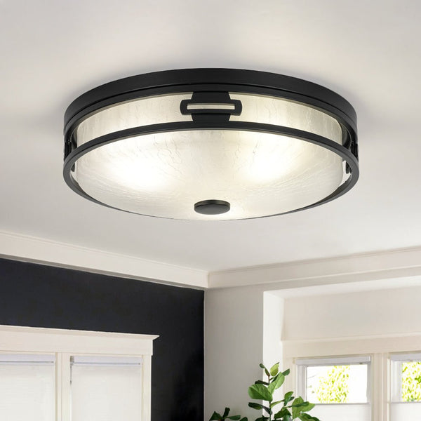 Chandelierias - Industrial Matte Black Crackled Frosted Glass Flush Mount - Flush Mount - 11.8 in -