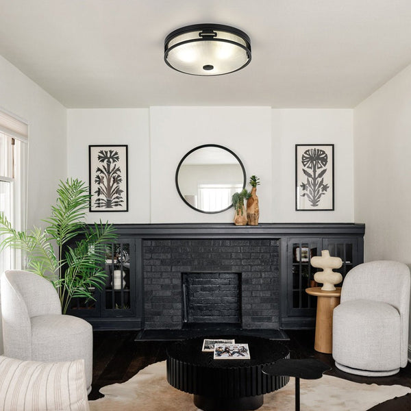 Chandelierias - Industrial Matte Black Crackled Frosted Glass Flush Mount - Flush Mount - 16.1 in -