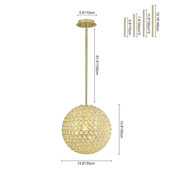 Chandelierias - Luxury Single - Light Glitter Crystal Accents Orb Pendant - Pendant - Polished Gold -