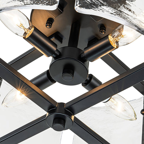 Chandelierias-Matte Black 4-Light Rippled Glass Drum Semi-Flush Mount-Semi Flush-Black-