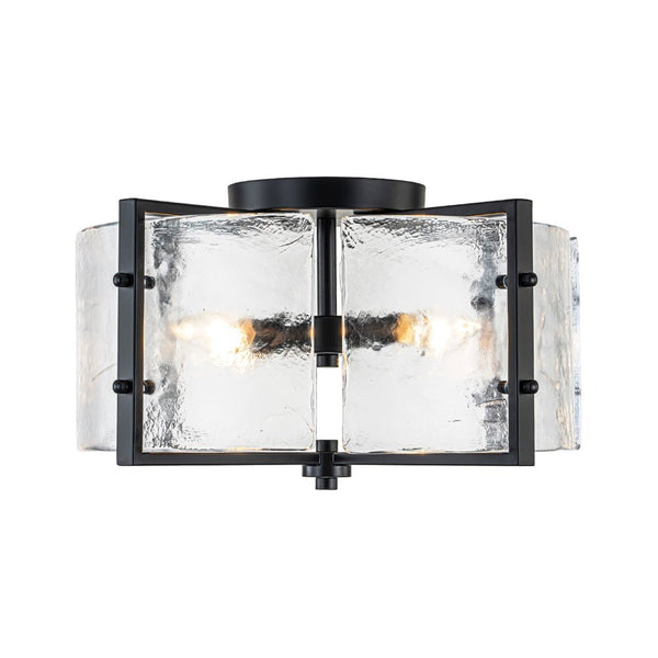 Chandelierias - Matte Black 4 - Light Rippled Glass Drum Semi - Flush Mount - Semi Flush - Black -