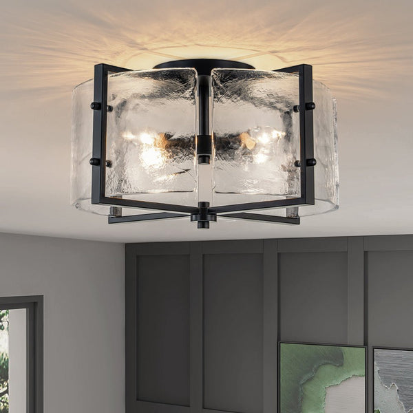 Chandelierias-Matte Black 4-Light Rippled Glass Drum Semi-Flush Mount-Semi Flush-Black-