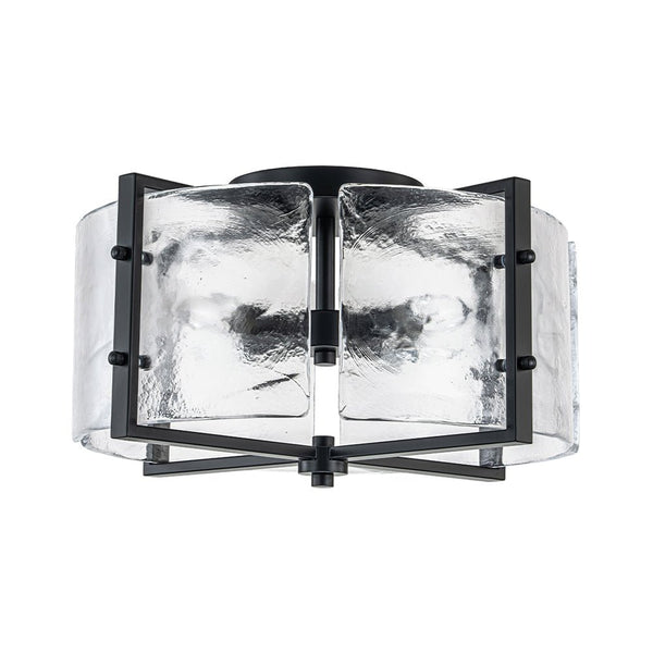 Chandelierias - Matte Black 4 - Light Rippled Glass Drum Semi - Flush Mount - Semi Flush - Black -