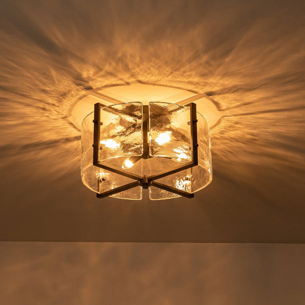 Chandelierias-Matte Black 4-Light Rippled Glass Drum Semi-Flush Mount-Semi Flush-Black-