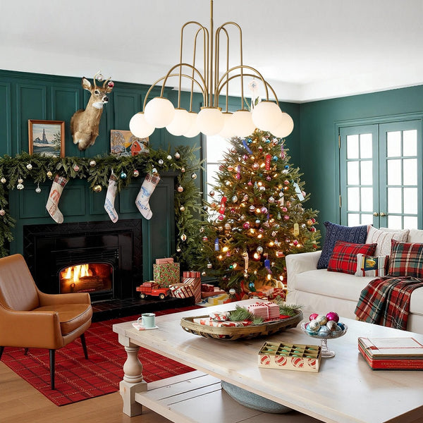 Chandelierias - Mid - century 10 - Light Frosted Glass Globe Curved Chandelier - Chandeliers - Brass - 10 Bulbs