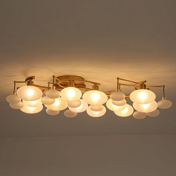 Chandelierias - Mid - century 12 - Light Ellipsoid Frosted Glass Semi - Flush Mount - Chandeliers - Brass -